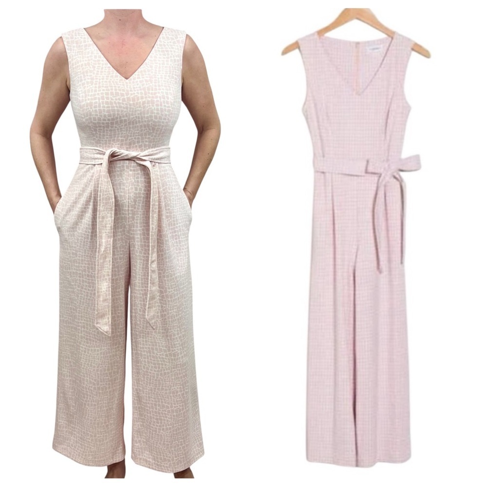 Calvin Klein Baby Pink Animal Print Sleeveless V-neck Wide Leg Crop Jumpsuit